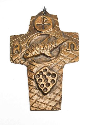 Bronze Fischerkreuz. Vintage Bronze Fischerkreuz Ma&szlig;e ca. 10 x 7cm, Gewicht ca. 90g. 