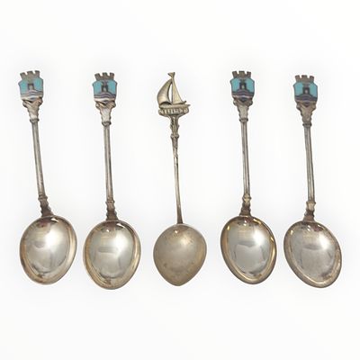 Lot Sammler L&ouml;ffel Juist Norderney, 5 Stk., versilbert, 90er Aulage Interne Nummer A0291359619