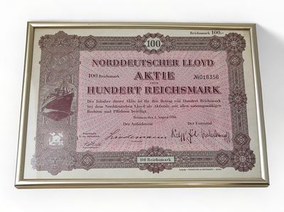 Aktie NDL. Norddeutscher Lloyd Aktie, Nr. 018356, gerahmt, Rahmenma&szlig; ca. 30,6 x 22cm