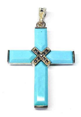 925 Silber Kreuz T&uuml;rkis Saphir. Antikes 925 Silber Kreuz, Besatz T&uuml;rkis und Saphire 