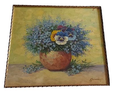 Antikes &Ouml;lbild Blumenstilleben gerahmt, Rahmenma&szlig; ca. 51 x 53cm, Bildausschnitt ca. 34 x 35cm 