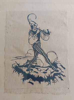 Antiker Scherenschnitt Rattenf&auml;nger von Hameln . Antiker Scherenschnitt gerahmt, Motiv 