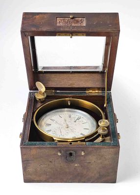 Antiker Marine Chronometer, Londoner Schiffschronometer, in orig. Box, Box Ma&szlig;e ca. 18 x 18 x 