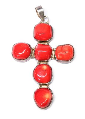 Massives 925 Silber Korallen Kreuz, Ma&szlig;e ca. 8,5 x 4,8cm, Gewicht ca. 21,5g 
Interne Nr. A0310100109