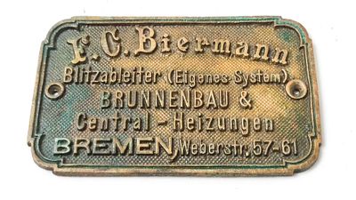 Antike Plakette F.C. Biermann Blitzableiter Bremen ca. 10 x 6cm, Sammlerst&uuml;ck 
Interne Nummer 