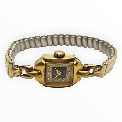 Vintage Adra 10 Rubis Armbanduhr Handaufzug, Flex Armband Muscheldekor Golddouble, &Oslash; Geh&auml;use 