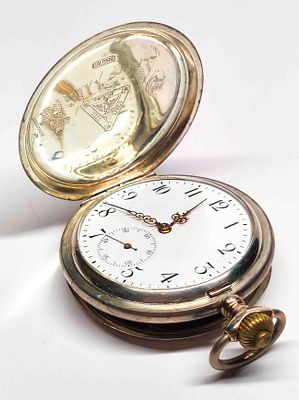 Antike 800er Silber Galone 3 Deckel Taschenuhr, &Oslash; ca. 50mm, l&auml;uft an, gepflegtes 