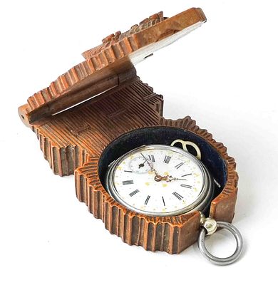 Antike Taschenuhr + St&auml;nder + Schl&uuml;ssel, St&auml;nder Holz handgeschnitzt, Uhr 800 