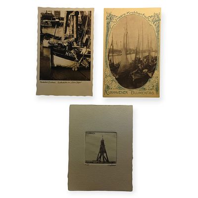 Lot Cuxhaven bestehend aus 2x antike Postkarte, Jugendstilmotiv, Thema Krabbenfischen 