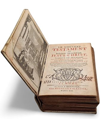 Antike Bibel 1731. Antike Bibel, franz&ouml;sische Ausgabe des Neuen Testaments, Le Nouveau Testament 