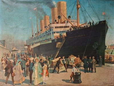 XXL &Ouml;ldruck Norddeutscher Lloyd Dampfer Kaiser Wilhelm II . XXL antiker Art Deco &Ouml;ldruck mit 