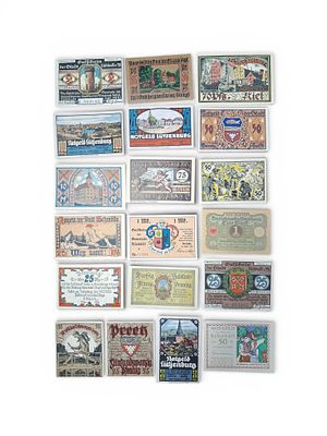 Lot antikes Notgeld, mit dabei u.a. Kiel 1921, 70 Pfennig, Motiv Die alten Speicher, Preetz 