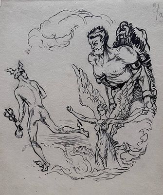 Николай Пискарев. «Прометей и Гермес». 1943 г. Бумага, тушь. 22,5х17,8 
Экспертиза по запросу 