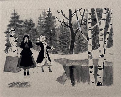 Татьяна Ерёмина. 1986 г. Иллюстрация к «двенадцати месяцам» Маршака. Бумага, акварель. 15х20 