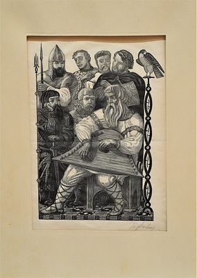 Владимир Фаворский, "Иллюстрация с богатырями". Офорт, 17х24