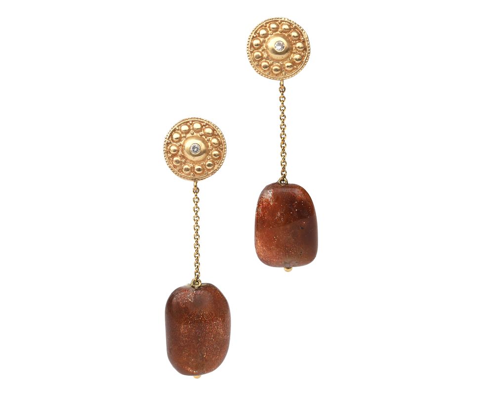 A pair of 14 carat yellow gold earrings with amazonite and diamonds Each provided with a 