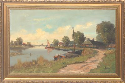 Onbekende meester, 20e eeuw “Boerderij met zeilboten”, gesigneerd r.o.