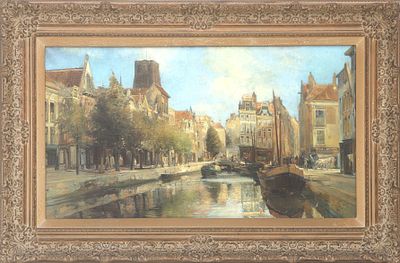 Job de Vogel (1908-1984) Oud Rotterdam, de Delftsevaart met op de achtergrond de Laurenskerk. 