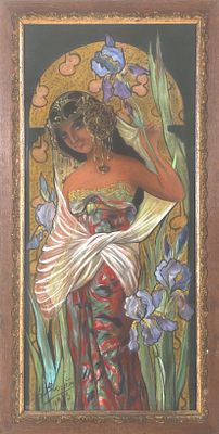 Europese school, 20e eeuw in de stijl van Gaston Bussiere Compositie met dame en bloemen 