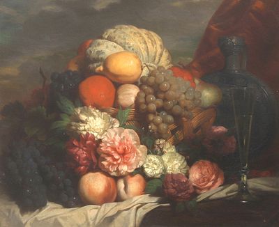 Hendrik Reekers (1815-1854), ‘Flower and fruit still life with flute glass and Westerwald jug' 