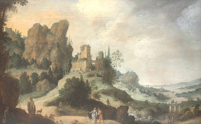 Claes Jacobsz van der Heck (1575/81-1652), 'Mountainous landscape with figures and castle in 