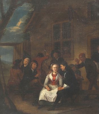 Gerrit Lundens (1622-1683), ‘In front of the inn’ Signed ‘G. Lundens’ lower right. Primarily 