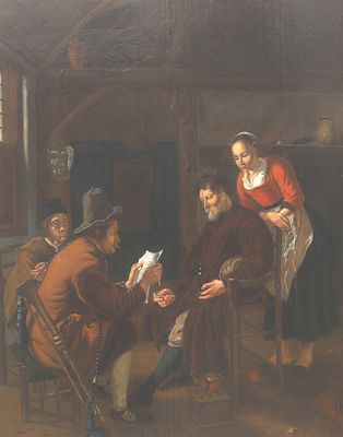 Dutch school, 18th/19th century, copy after Ludolf de Jongh (1616-1679), 'Messenger reading a 