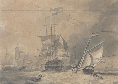 Nicolaas Baur (1767-1820), ‘Ships in rough sea with officers on their way to the mother ship’ 