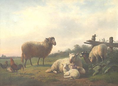 Frans Lebret (1820-1909), 'Meadow landscape with resting sheep and chickens' Signed ‘F. Lebret’ 