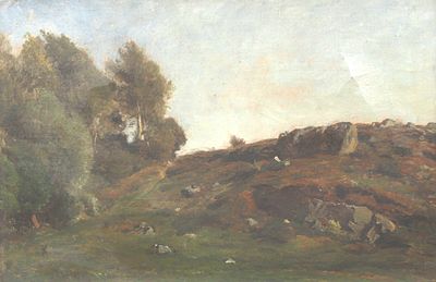 Théodore Fourmois (1814-1871), 'Landscape with Mont Saint Guibert/Hubert' Round studio stamp 