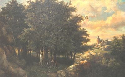 Léon Schulman (1851-1943), ‘Forest landscape with resting hunters’ Signed ‘L. Schulman’ & dated 