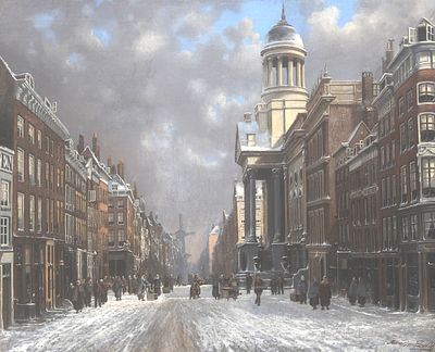 Franciscus Lodewijk van Gulik (1841-1899), 'Winter cityscape of the Kipstraat in Rotterdam' 