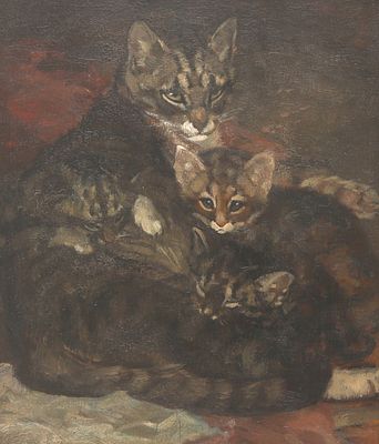 Cornelis Jan Mension (1882-1950), 'Mother cat with three kittens' Signed ‘C.J. Mension' upper 