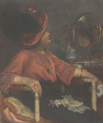 Jacques Doré [Dore] (1861-1929), 'Elegant lady with a pink hat behind the dressing table' 