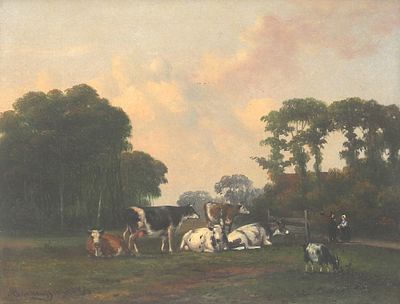 Alexander Hieronymus Bakhuijzen (1826-1878), 'Grazing cows in the dairy meadow' Signed ‘A. 