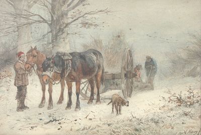 Anton Mauve (1838-1888), 'Ploughing in the Snow' Signed ‘A. Mauve’ r.o. Watercolor, 20 x 30.5 cm.