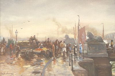 August Willem van Voorden (1881-1921), 'View of the 'Vierleeuwen' bridge in the old harbour of 