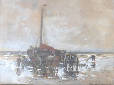 Gerhard Munthe Morgenstjerne (1875-1927), 'Bomschuit on the beach with the day's catch' Signed 