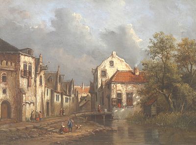 Anthony Andreas de Meijier (1806-1867) attributed to, 'Village view with figures at the 