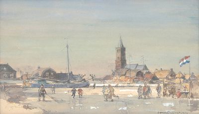 Cornelis Vreedenburgh (1880-1946), 'Ice view in the harbour of Eemnes' Signed ‘C. Vreedenburgh’ 