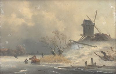 Johannes Franciscus Hoppenbrouwers (1819-1866), 'Winter view with sleigh and skaters' Signed 