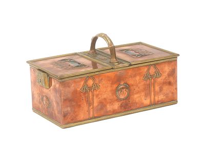 Art Nouveau A copper and enamelled lockable box with two lids, circa 1900. With wooden 