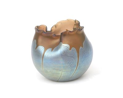 Loetz, Austria A glass vase with a blue feather pattern and scalloped rim. Signed on the 