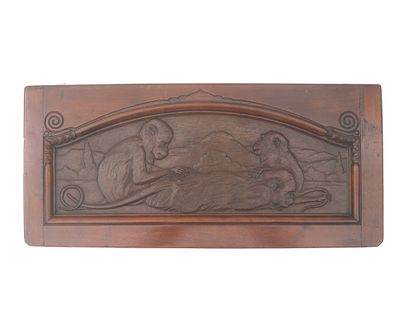 Art Nouveau A carved wooden plaque depicting fleeing monkeys, unknown artist. 24 x 53,5 cm.