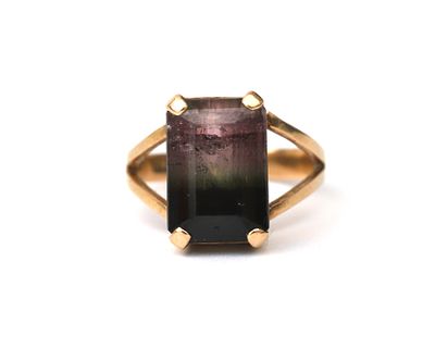 Een 14 krt. roségouden ring met bicolor toermalijn Het middenstuk van de ring is bezet met een 