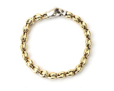 Een 14 krt. bicolor gouden schakelarmband Fantasieschakel armband aan witgouden 