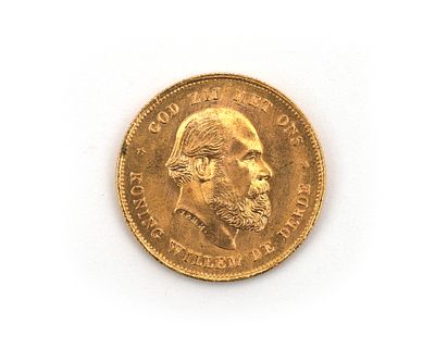 A gold coin, ten guilders, King William III, Kingdom of the Netherlands, 1875 Front: portrait 