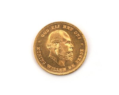 A gold coin, ten guilders, King William III, Kingdom of the Netherlands, 1875 Front: portrait 
