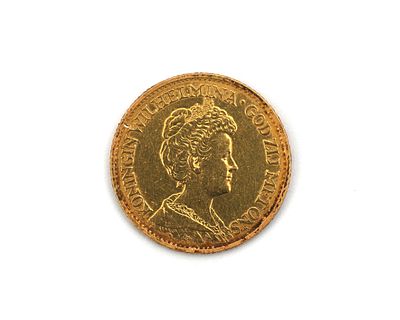 A gold coin, ten guilders, Queen Wilhelmina, Kingdom of the Netherlands, 1912 Front: portrait 