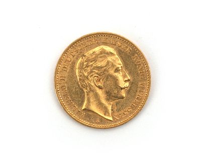 A gold coin, twenty marks, Emperor Wilhelm II, Germany, 1900 Front: Wilhelm II, reverse: 